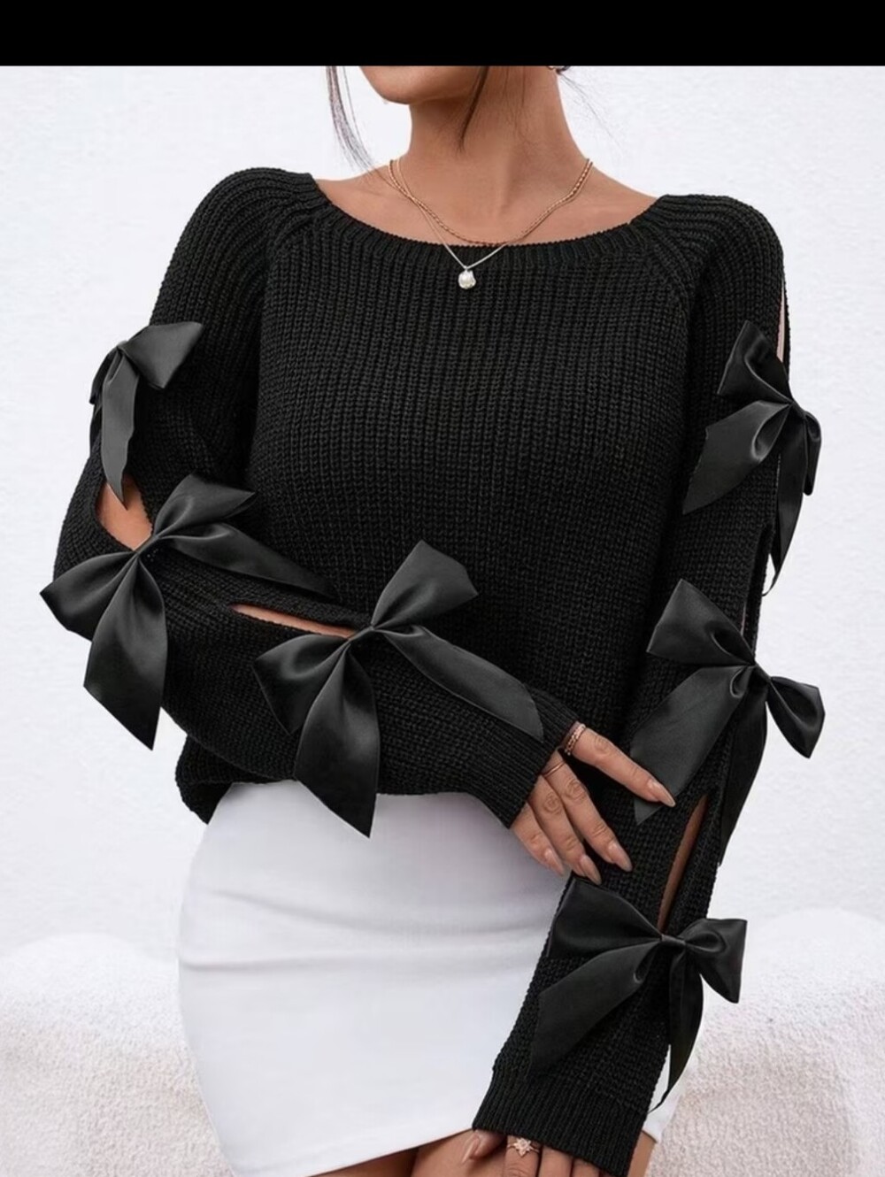Women's Sweater, Adorned With Satin Tie Bows Up The Sleeves For Elegence.